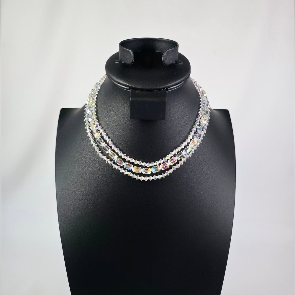 Vintage AB Necklace Triple Strand Faceted Austrian Crystals Aurora Borealis